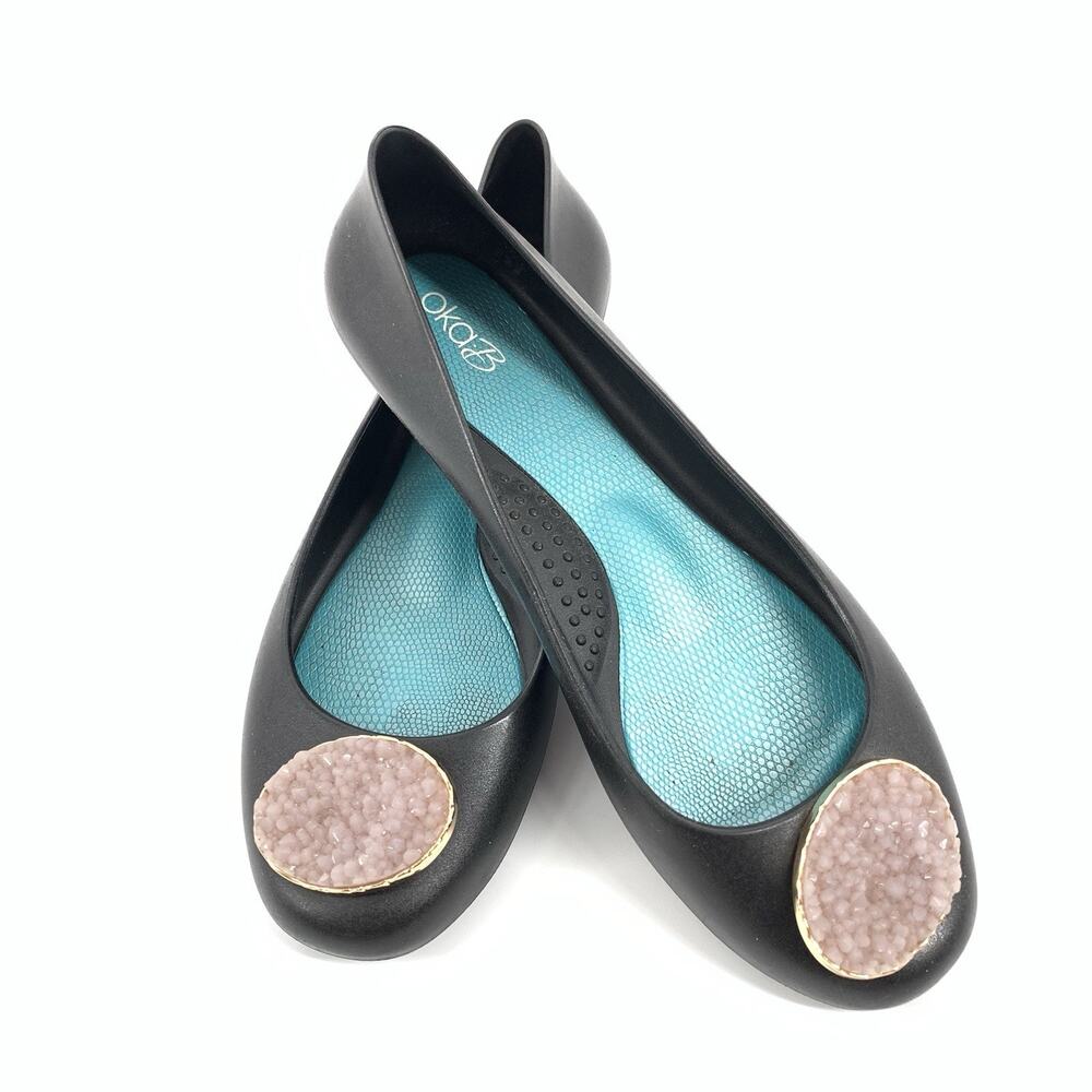 Oka B Taylor Slip On Jelly Ballet Flats Size 8 Womens Black Pink Gem Medallion